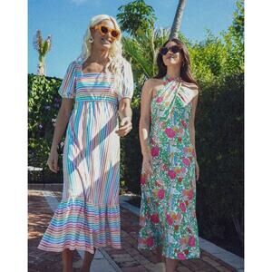 Smith & Quinn Lucy Colorful Rainbow Stripe Puff Sleeve Midi Stretch Dress